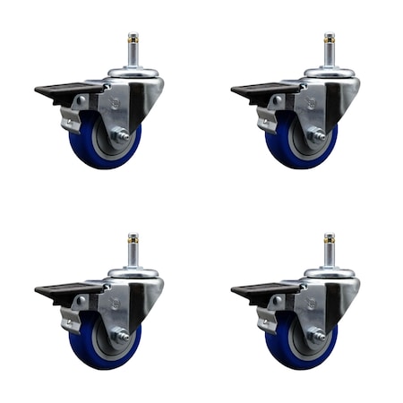Service Caster 3'' Blue Poly Swivel 7/16'' Grip Ring Stem Caster Set with Brake, 4PK SCC-GR20S314-PPUB-BLUE-PLB-716138-4